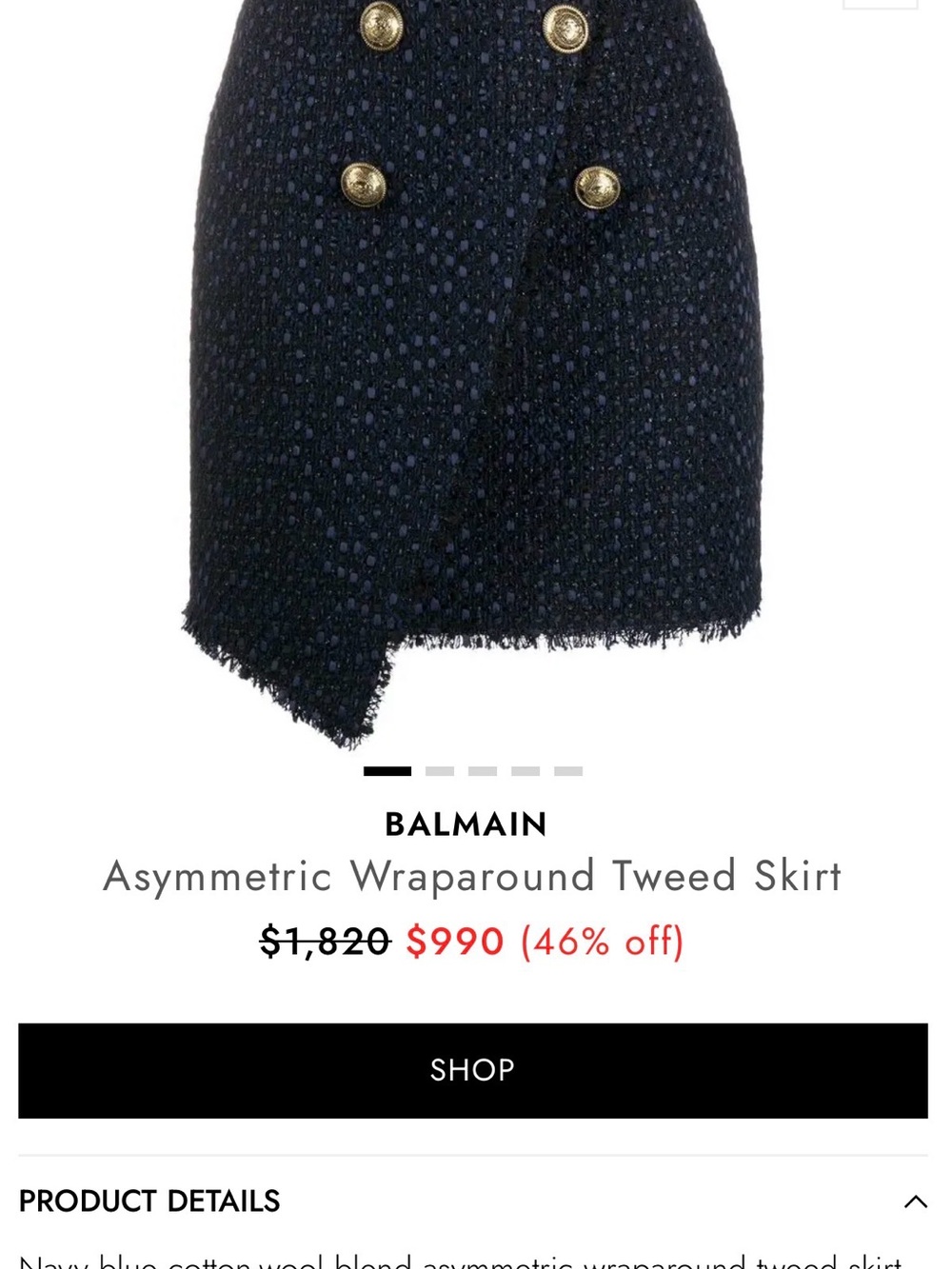 Balmain Navy Asymmetric Tweed Wrap Skirt with Gold Buttons